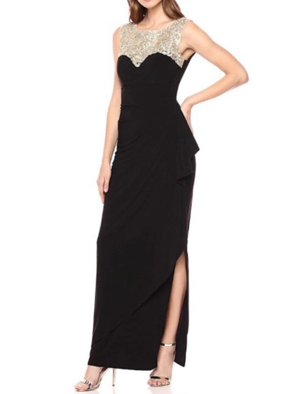 Alex Evenings Black Maxi Dress with Gold Lace Yoke